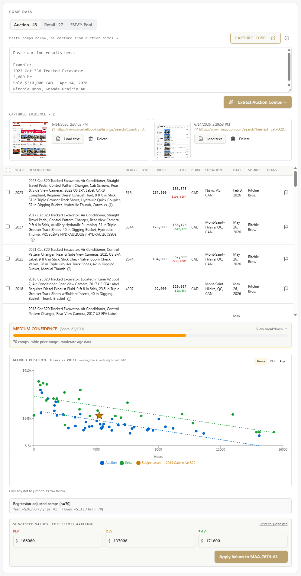 Comparables: Paste auction or retail results; they're parsed, adjusted and plotted.